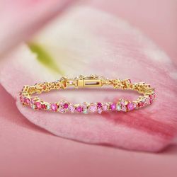 Golden Pink Sapphire Round Cut Tennis Bracelet For Women (5.90 CT. TW.)