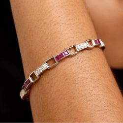 Ruby & White Sapphire Asscher & Round Cut Tennis Bracelet