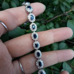 Halo Bezel Oval & Round Cut Blue & White Sapphire Tennis Bracelet
