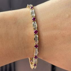 Round & Baguette Cut Ruby & White Sapphire Tennis Bracelet For Women