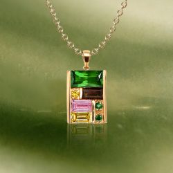 Golden Baguette Cut Emerald & Yellow & Pink & Brown Sapphire Pendant Necklace