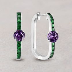 Classic Emerald & Amethyst Sapphire Round & Princess Cut Hoop Earrings