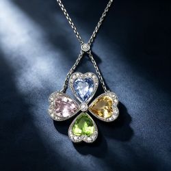 Four Leaf Clover Round & Heart Cut Multi Color Sapphire Pendant Necklace