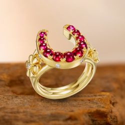 Golden Split Shank Ruby Sapphire Round Cabochon Cut Engagement Ring