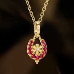 Golden Flower Horseshoe Ruby Sapphire Round Cabochon Cut Pendant Necklace