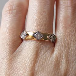 Two Tone Three Stone White Sapphire Round Cut Wedding Band Ring
