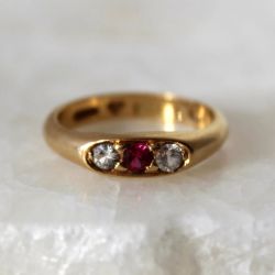 Golden Three Stone Round Cut Ruby & White Sapphire Wedding Band Ring