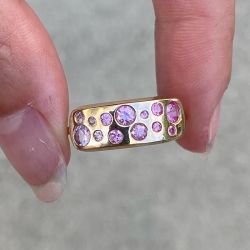 Golden Bezel Round Cut Pink Sapphire Wedding Band Ring