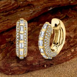 Golden Baguette & Round Cut White Sapphire Hoop Earrings