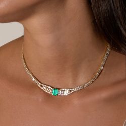 Golden Emerald & White Sapphire Emerald & Baguette & Round Cut Tennis Necklace For Women