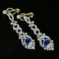 Two Tone Hollow Blue & White Sapphire Oval & Round Cut Drop Earrings For Women