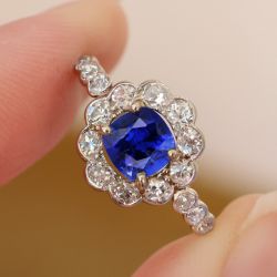 Two Tone Halo Cushion & Round Cut Blue & White Sapphire Engagement Ring 