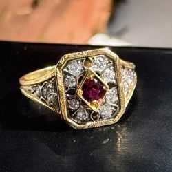 Two Tone Halo Ruby & White Sapphire Round Cut Engagement Ring