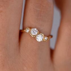 Golden Round Cut White Sapphire Engagement Ring