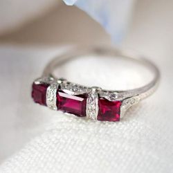 Three Stone Emerald Cut Ruby Sapphire Engagement Ring For Women