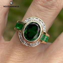 Bezel Golden Oval & Baguette Cut Emerald & White Sapphire Engagement Ring For Women