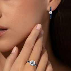Milgrain Round & Princess Cut White & Blue Sapphire Engagement Ring & Hoop Earrings Set For Women 