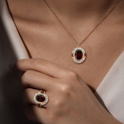 Two Tone Halo Oval Garnet Sapphire Engagement Ring & Pendant Necklace Set