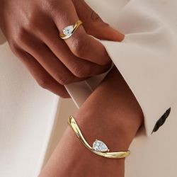 Golden Pear Cut White Sapphire Solitaire Engagement Ring & Bangle Bracelet Set For Women