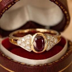 Bezel Two Tone Oval & Round Cut Ruby & White Sapphire Engagement Ring For Women