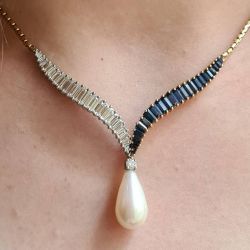 Two Tone Pearl Round & Baguette Cut Blue & White Sapphire Pendant Necklace For Women