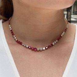 Golden Round Cut Ruby & White Sapphire Tennis Necklace For Women