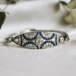 Bezel White & Blue Sapphire Round & Baguette Cut Bracelet For Women 
