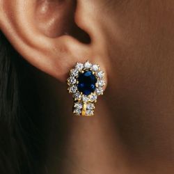 Golden Halo Oval & Round Cut Blue & White Sapphire Stud Earrings For Women