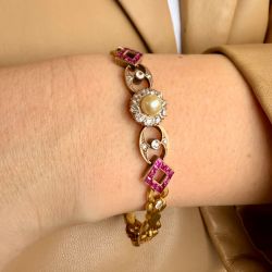 Golden Halo Pearl Round & Baguette Cut Ruby & White Sapphire Tennis Bracelet For Women