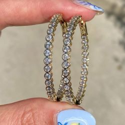 Golden Bezel Round Cut White Sapphire Hoop Earrings