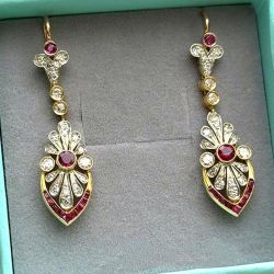 Two Tone Bezel Ruby & White Sapphire Round & Baguette Cut Drop Earrings For Women