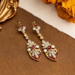 Two Tone Bezel Ruby & White Sapphire Round & Baguette Cut Drop Earrings For Women