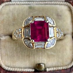 Golden Halo Asscher Cut Ruby & White Sapphire Engagement Ring