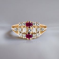 Golden Oval & Baguette & Round Cut Ruby & White Sapphire Wedding Band For Women