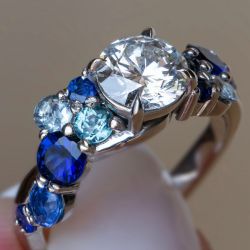 Round Cut White & Blue & Aquamarine Sapphire Engagement Ring 