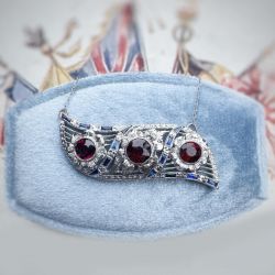 Halo Garnet & Blue & White Sapphire Round & Baguette Cut Pendant Necklace