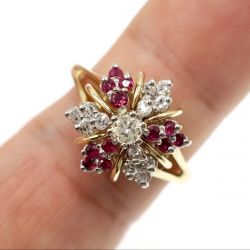 Two Tone Halo White & Ruby Sapphire Round Cut Engagement Ring