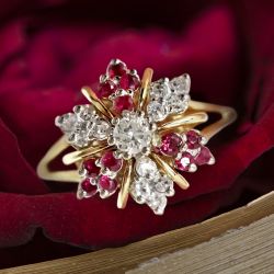 Two Tone Halo White & Ruby Sapphire Round Cut Engagement Ring