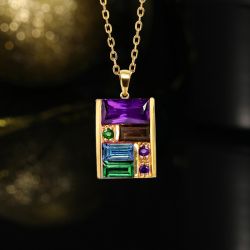Golden Baguette Cut Purple & Emerald & Blue Sapphire Pendant Necklace
