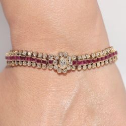 Golden Halo White & Ruby Oval & Round & Asscher Cut Tennis Bracelet