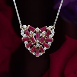 Two-Tone Heart Shape Baguette & Round Cut Ruby & White Sapphire Pendant Necklace