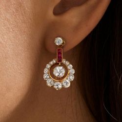 Rose Gold Round Cut White & Ruby Sapphire Drop Earrings