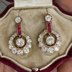 Rose Gold Round Cut White & Ruby Sapphire Drop Earrings