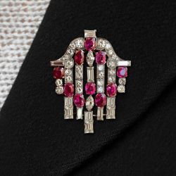 Art Deco Baguette & Oval & Round Cut Ruby & White Sapphire Brooch Pin