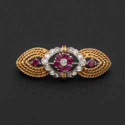 Two Tone Halo Ruby & White Sapphire Round Cut Brooch Pin