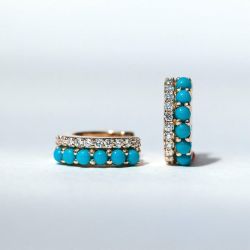 Golden Round Cut Turquoises & White Sapphire Hoop Earrings