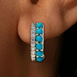 Golden Round Cut Turquoises & White Sapphire Hoop Earrings