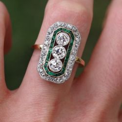 Two Tone Double Halo Round Cut White & Emerald Sapphire Engagement Ring