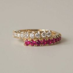 Golden Round Cut White & Ruby Sapphire Half Eternity Wedding Band For Women