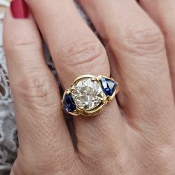 Three Stone Cushion & Triangle Cut White & Blue Sapphire Engagement Ring
